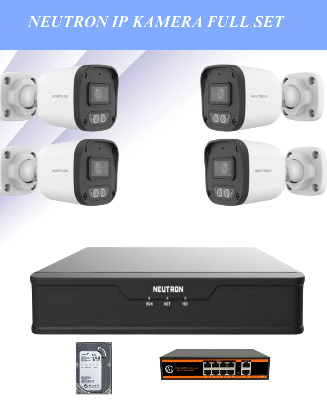 Neutron 4’lü 2MP Sesli IP Kamera Güvenlik Seti (NVR + HDD + PoE Switch)
